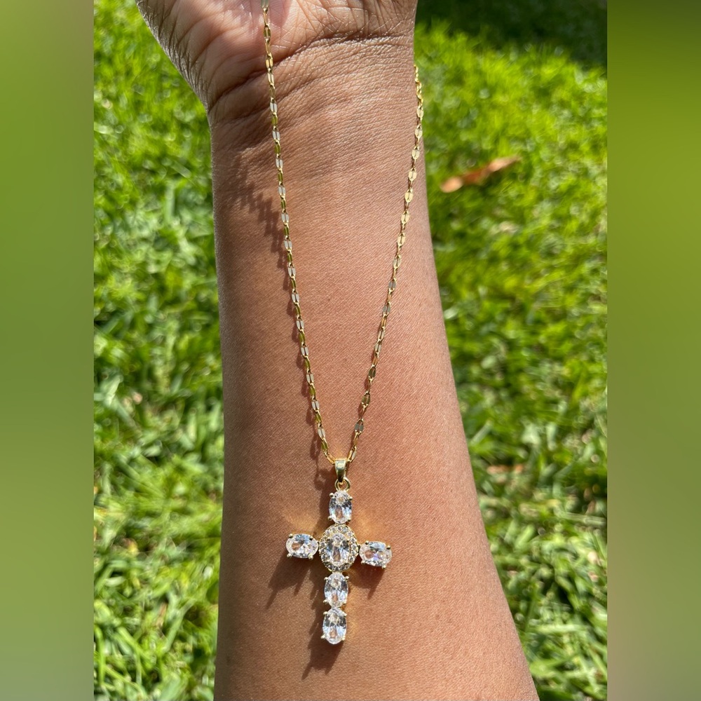 Gold & Stones Steel Cross Pendant Necklace